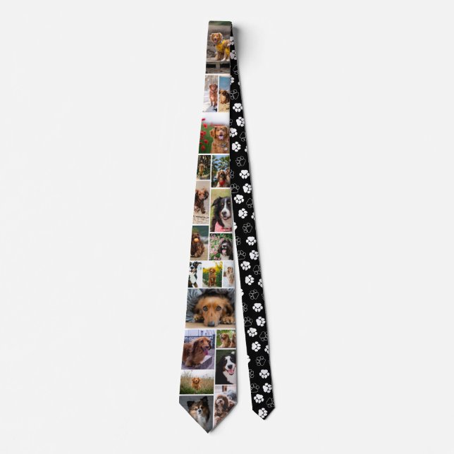 Black Paw Print Pattern Dog Photo Collage Neck Tie (Front)