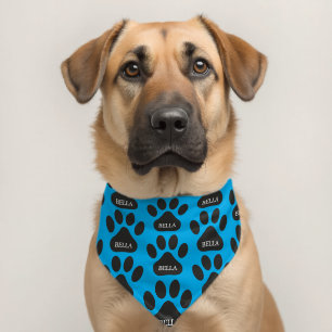 Black Paw Print Pattern, Name, Blue Background Pet Bandana Collar
