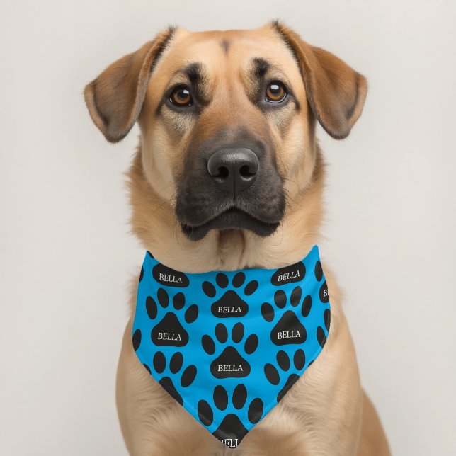 Black Paw Print Pattern, Name, Blue Background Pet Bandana Collar (Dog 2)