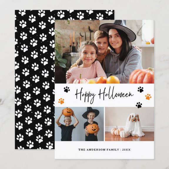 Black Paw Print Pet Photo Happy Halloween Card