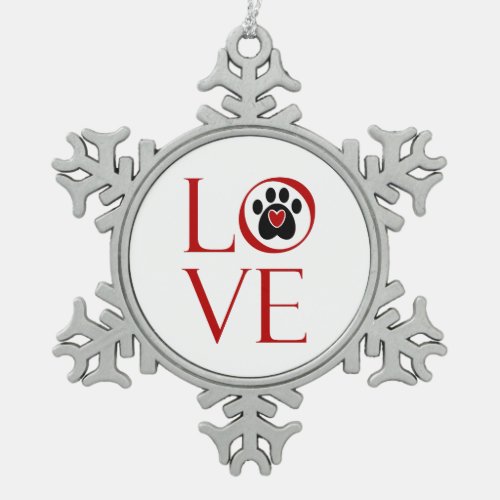 Black Paw Print Red Heart Love Snowflake Pewter Christmas Ornament