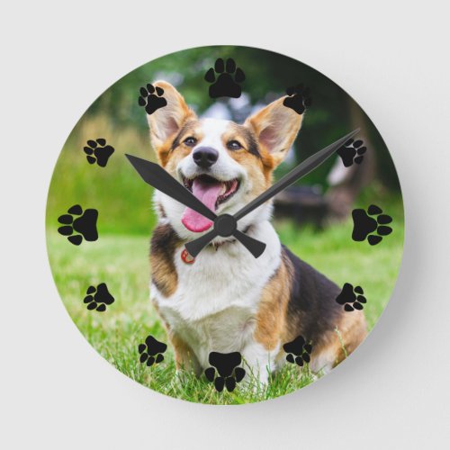 Black Paw Prints Add Your Pet Photo Round Clock