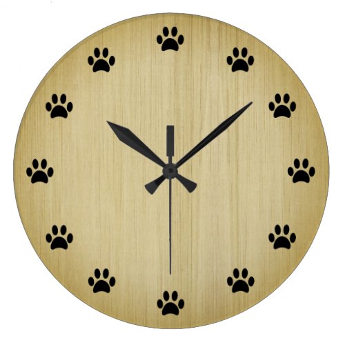 Black Paw Prints as Numbers Rustic Wood Background Large Clock