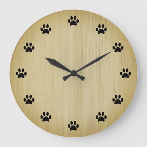 Black Paw Prints as Numbers Rustic Wood Background Large Clock