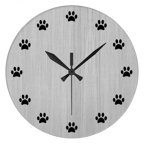 Black Paw Prints as Numbers Silver Rustic Wood Large Clock