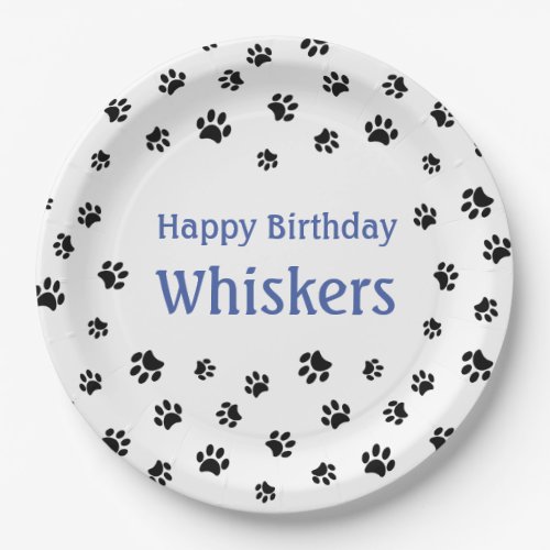 Black Paw Prints Blue Custom Pet Birthday Party Paper Plates