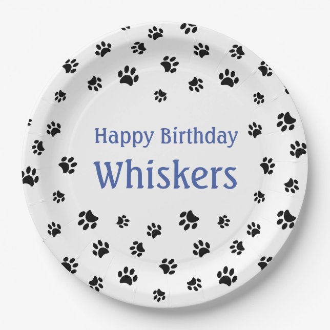 Black Paw Prints Blue Custom Pet Birthday Party Paper Plates (Front)