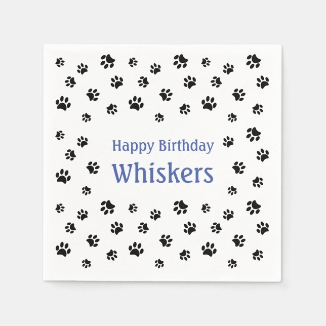 Black Paw Prints Blue Pet Birthday Party Napkins (Front)