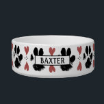 Black Paw Prints & Hearts | Editable Color | Name Bowl<br><div class="desc">Black paw prints and red hearts pattern personalized with your dog's name. The text font style, size and color can be changed as desired. You can also add a background color for a different look by clicking on the CUSTOMIZE tab. Contact the designer if you'd like this design modified or...</div>
