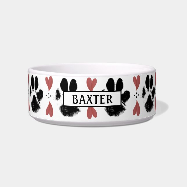 Black Paw Prints & Hearts | Editable Color | Name Bowl (Front)