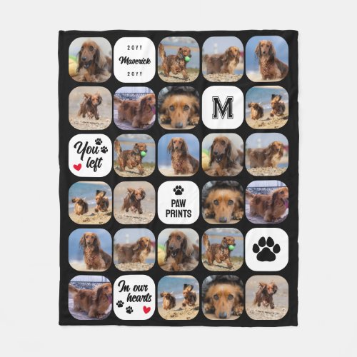 Black Paw Prints In Hearts Collage Dog Memorial Fleece Blanket