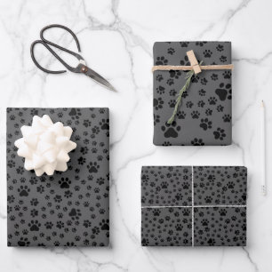 Black Paw Prints on Dark Gray  Wrapping Paper Sheets