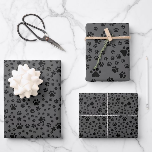 Black Paw Prints on Dark Gray  Wrapping Paper Sheets (Front)