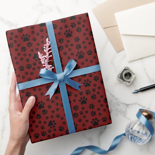 Black Paw Prints on Dark Red Wrapping Paper (Gifting)
