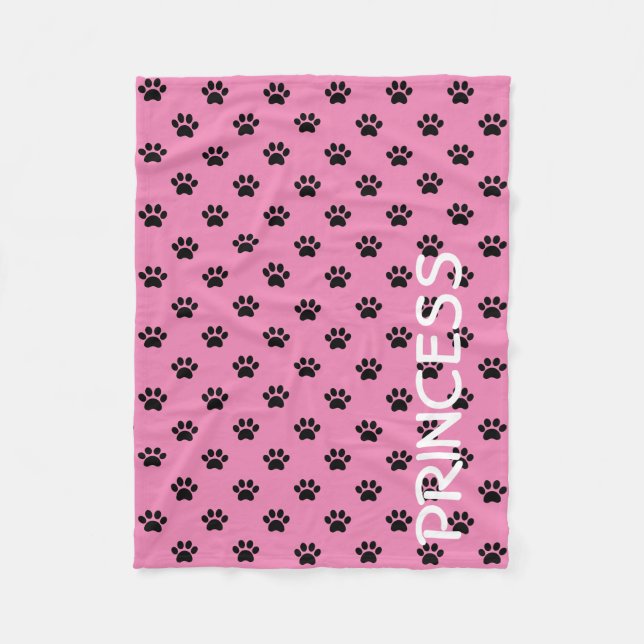 Black Paw Prints on Girly Pink Personalized Fleece Blanket (Front)