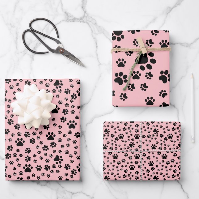 Black Paw Prints on Lemonade Pink Wrapping Paper Sheets (Front)