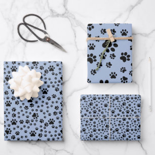 Black Paw Prints on Light Blue Wrapping Paper Sheets