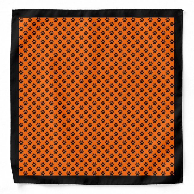 Black Paw Prints on Orange, Black Border Bandana (Front)