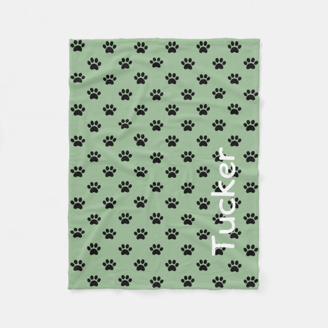 Black Paw Prints on Soft Sage Green Personalized Fleece Blanket (Front)