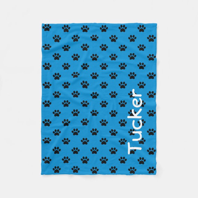 Black Paw Prints on Summer Blue Personalized Fleece Blanket (Front)
