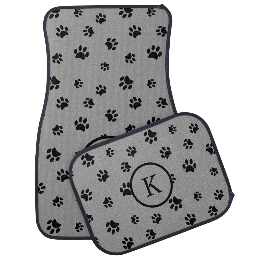 Black Paw Prints Pattern Monogram Gray Car Floor Mat | Zazzle