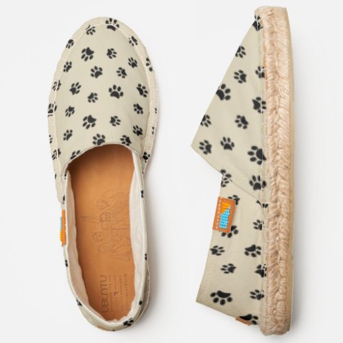 Black Paw Prints Pattern on Natural Tan Espadrilles