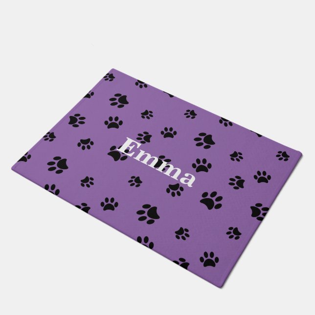 Black Paw Prints Pattern with Purple Background Doormat (Angled)