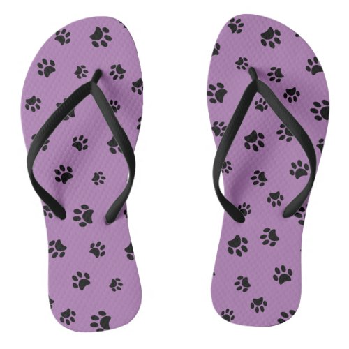 Black Paw Prints Pattern with Purple Background Flip Flops