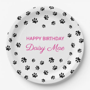 Black Paw Prints Pink Custom Pet Birthday Party Paper Plates
