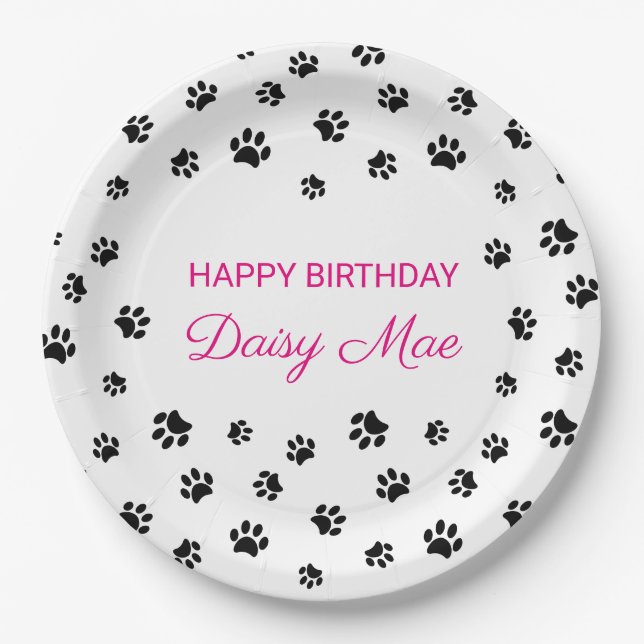 Black Paw Prints Pink Custom Pet Birthday Party Paper Plates (Front)