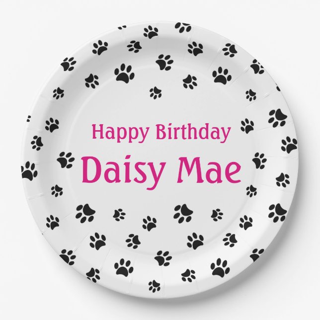 Black Paw Prints Pink Custom Pet Birthday Party Paper Plates (Front)