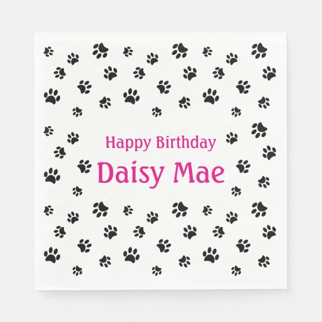 Black Paw Prints Pink Pet Birthday Party Napkins (Front)