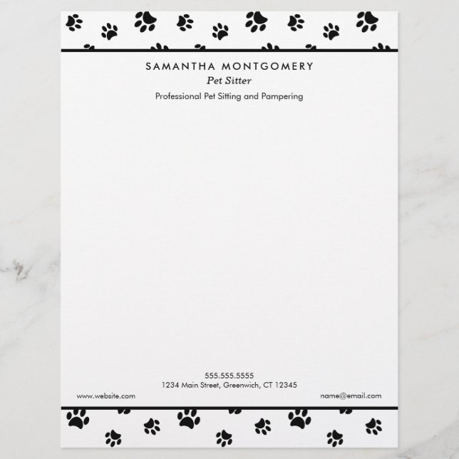 Black Paw Prints Professional Pet Sitter Letterhead (Front)