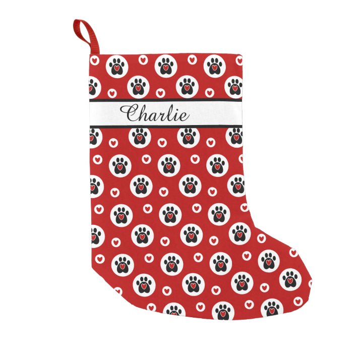 Black Paw Prints Red Hearts Small Christmas Stocking | Zazzle.com