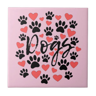 Black Paw Prints Red Hearts Typography Pink Ceramic Tile