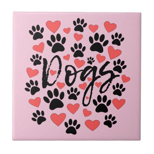 Black Paw Prints Red Hearts Typography Pink Ceramic Tile