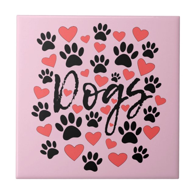 Black Paw Prints Red Hearts Typography Pink Ceramic Tile (Front)
