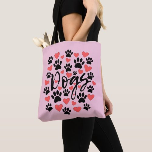 Black Paw Prints Red Hearts Typography Pink Tote Bag