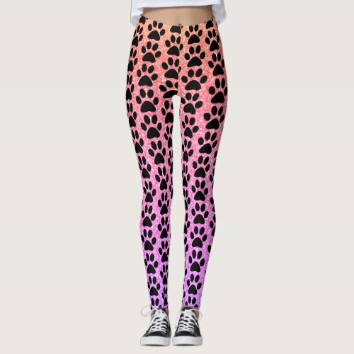 Black Paw Prints Rose Gold Pink Glittery Ombre Leggings