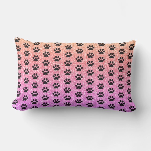 Black Paw Prints Rose Gold Pink Glittery Ombre Lumbar Pillow (Front)