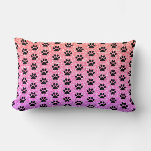 Black Paw Prints Rose Gold Pink Glittery Ombre Lumbar Pillow