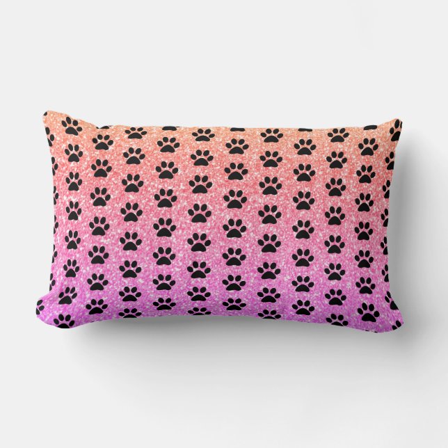 Black Paw Prints Rose Gold Pink Glittery Ombre Lumbar Pillow (Front)
