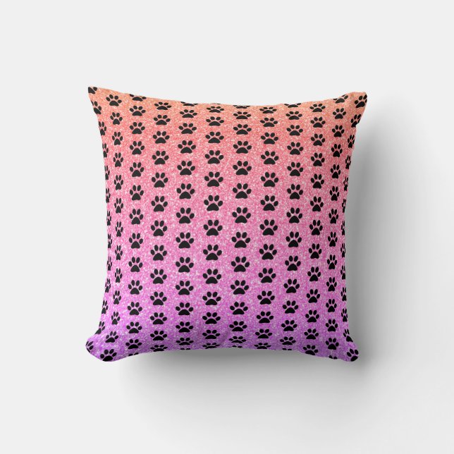 Black Paw Prints Rose Gold Pink Glittery Ombre Throw Pillow (Front)