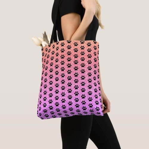 Black Paw Prints Rose Gold Pink Glittery Ombre Tote Bag