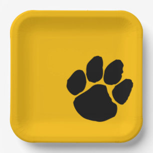 Black Pawprint on Gold Paper Party Plates