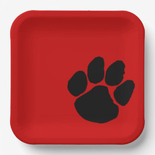 Black Pawprint on Red Paper Party Plates