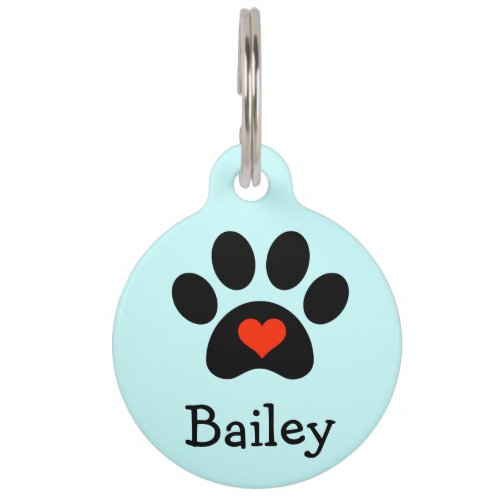 Black Pawprint with Red Heart Custom Pet Name Tag