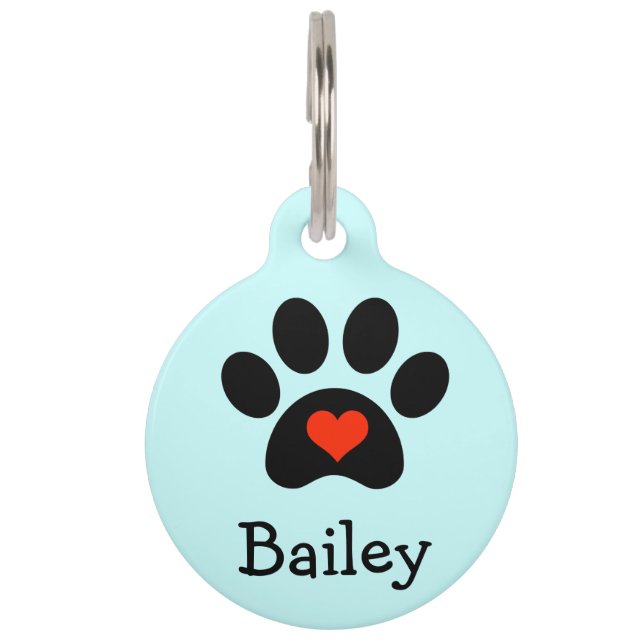 Black Pawprint with Red Heart Custom Pet Name Tag (Front)