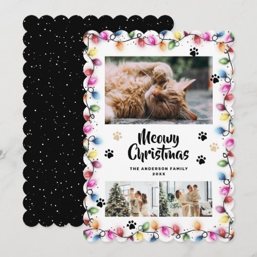 Black Paws Colorful Lights Photo Meowy Christmas Holiday Card