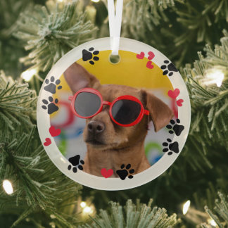 Black Paws Red Hearts White Border Pet Photo Glass Ornament